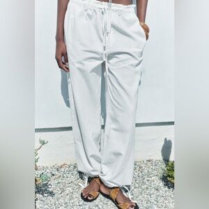 ZARA COTTON LINEN DRAWSTRING PANTS White L